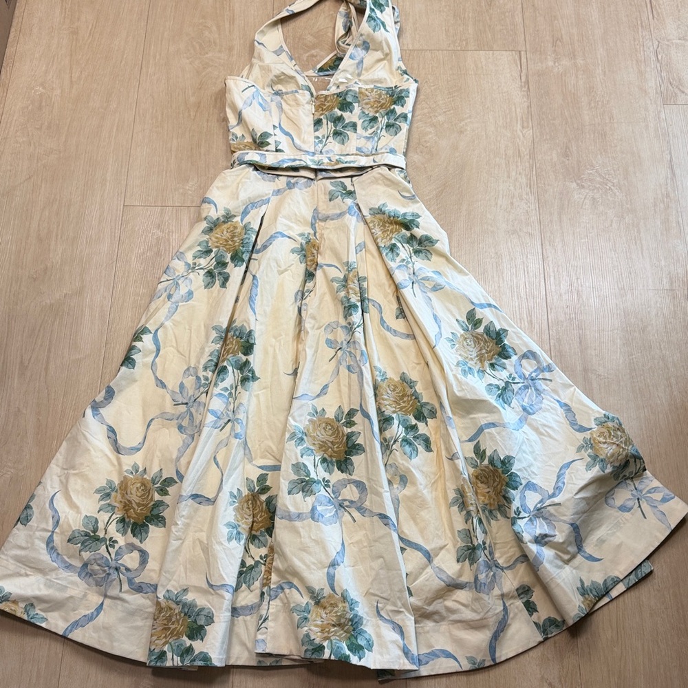 House of CB Allena lemon ribbon stretch cotton halter midi sundress - Picture 7 of 10